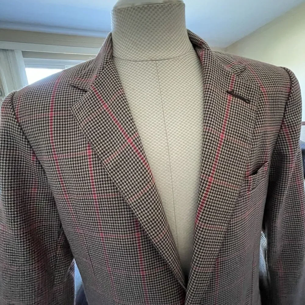 Men's Houndstooth Wool Blend Blazer Gold Buttons Jacket Size Large Preppy Career